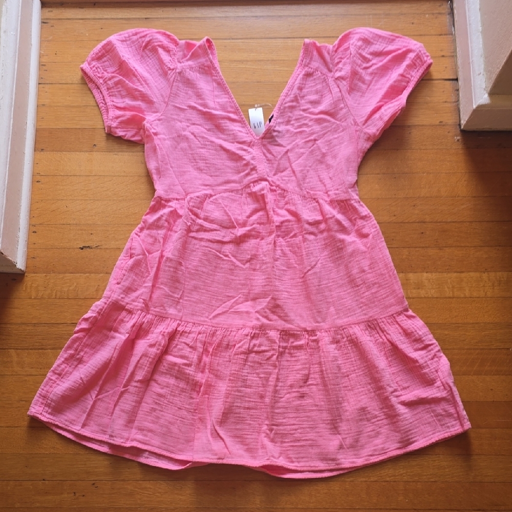 NWT, Gap, Crinkle Gauze Puff Sleeve Tiered Mini Dress, Pink, Women's M